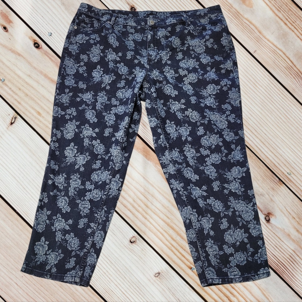 Women's Liz Claiborne Flower Print Ankle Cropped Jeans Sz 20W
